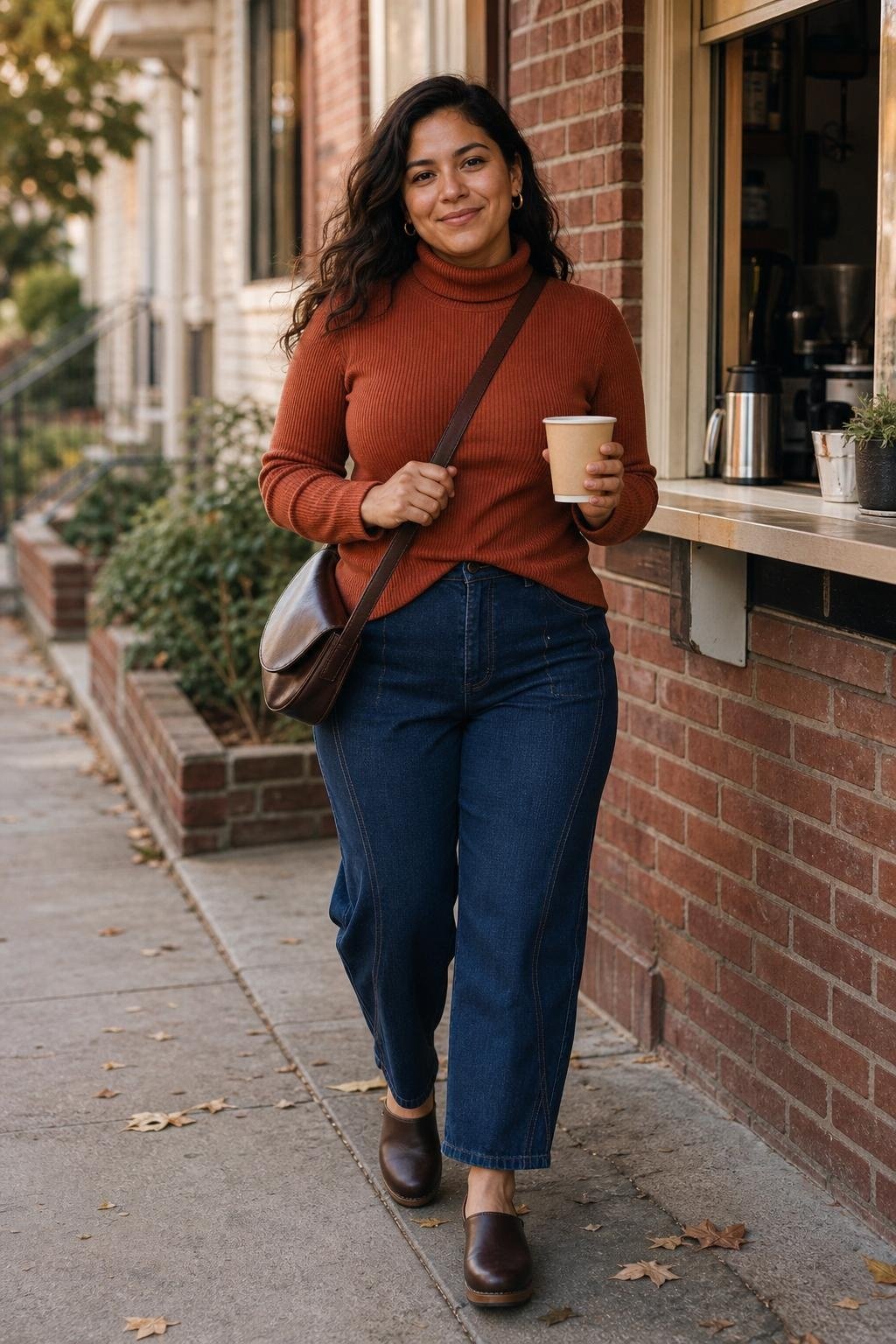 indigo barrel jeans, rust ribbed turtleneck, dark brown clogs, neighborhood coffee run scene (option 2)