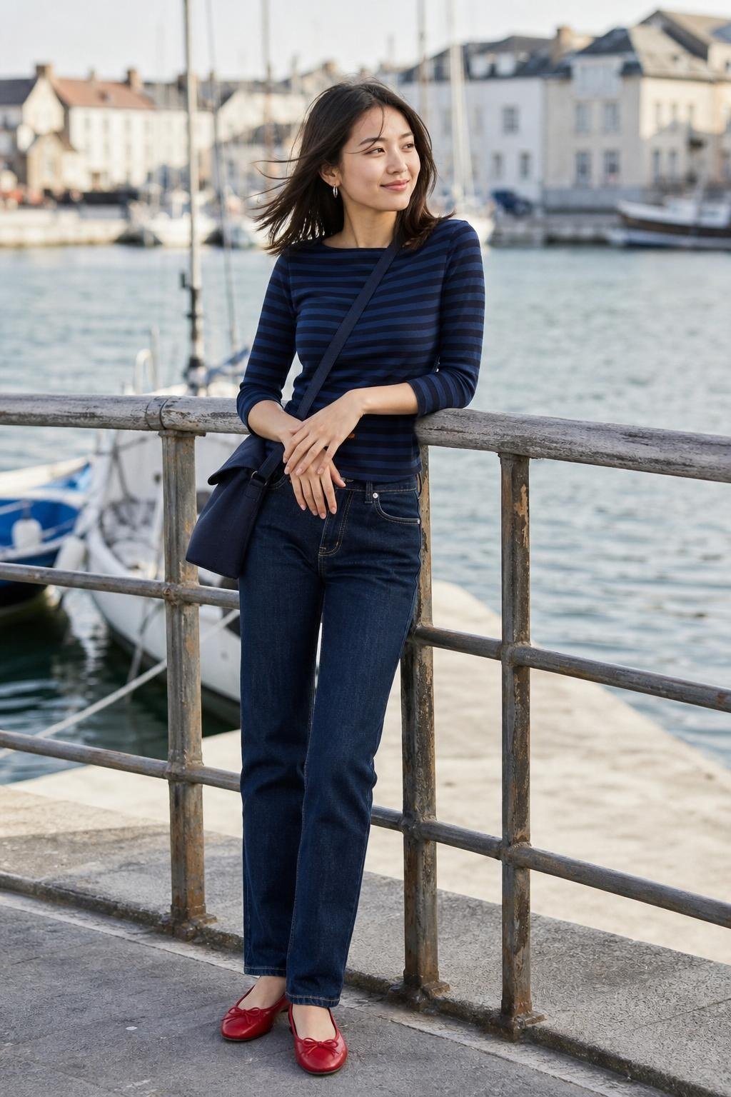 Ink blue straight jeans with navy striped Breton top and red ballet flats, casual waterfront walk (option 2)