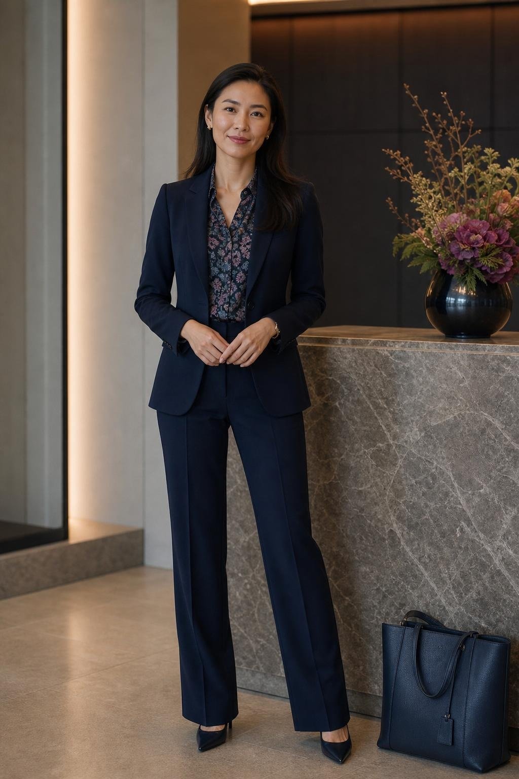 ink navy suit, muted floral blouse, navy heels, formal office reception with composed business mood (option 1)