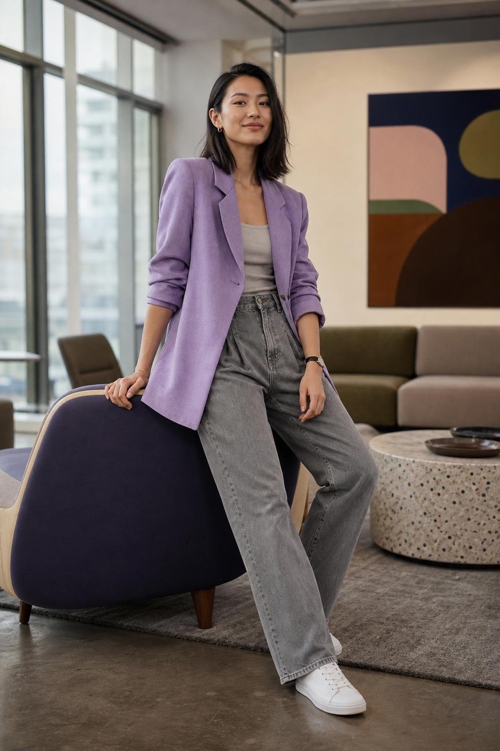 Lavender blazer, gray relaxed jeans, white sneakers, creative office lounge (option 1)