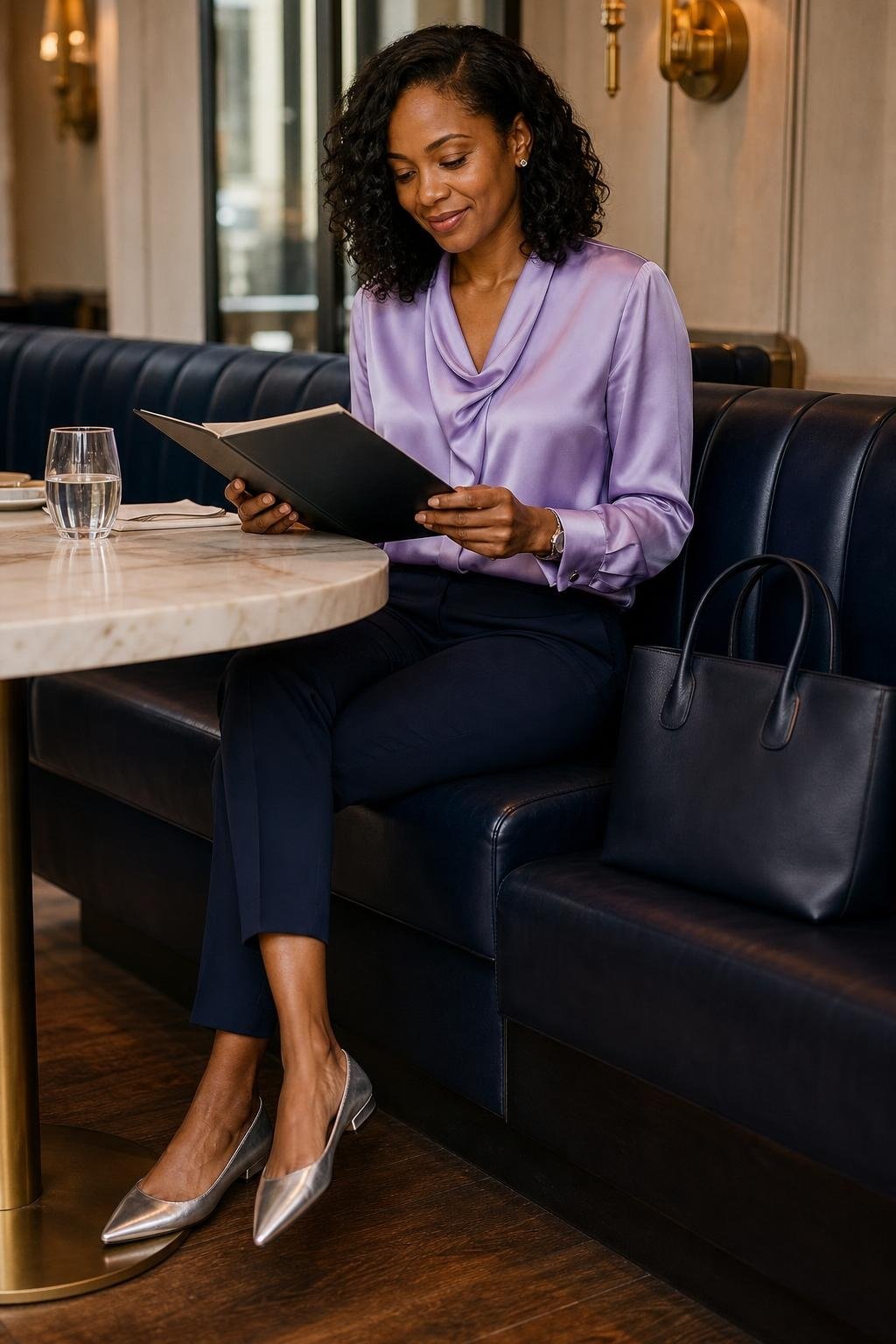 Lavender silk blouse with navy ankle pants and silver flats, polished work lunch setting (option 1)