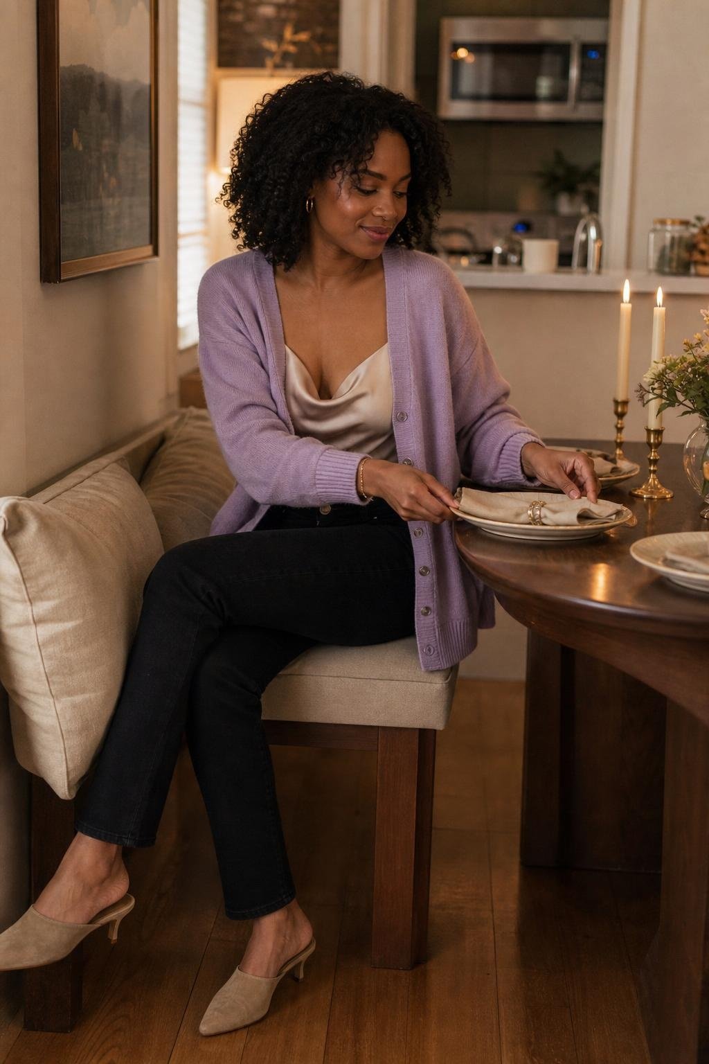 Lilac cardigan over champagne satin camisole with black jeans and suede mules, cozy dinner at home scene (option 1)