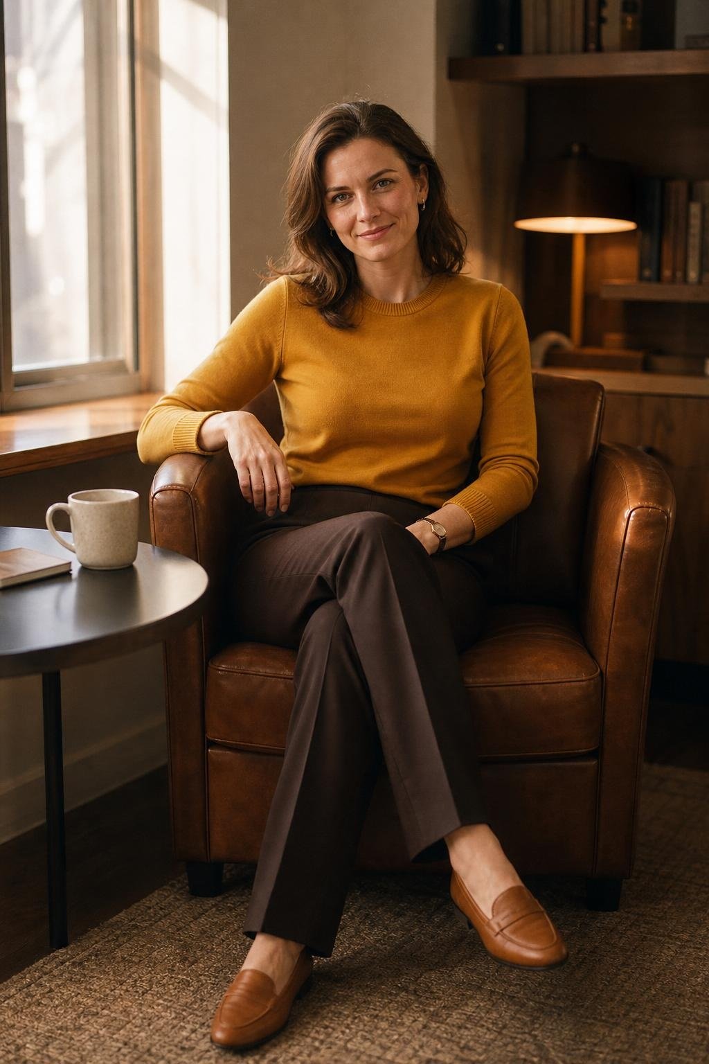 marigold fine-knit sweater, dark brown tailored trousers, tan loafers, cozy office nook with warm professional mood (option 1)