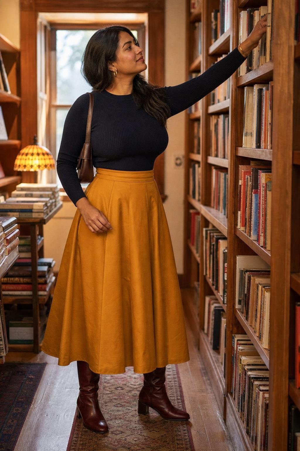 marigold full midi skirt, fitted navy knit, oxblood knee boots, bookstore aisle scene (option 2)