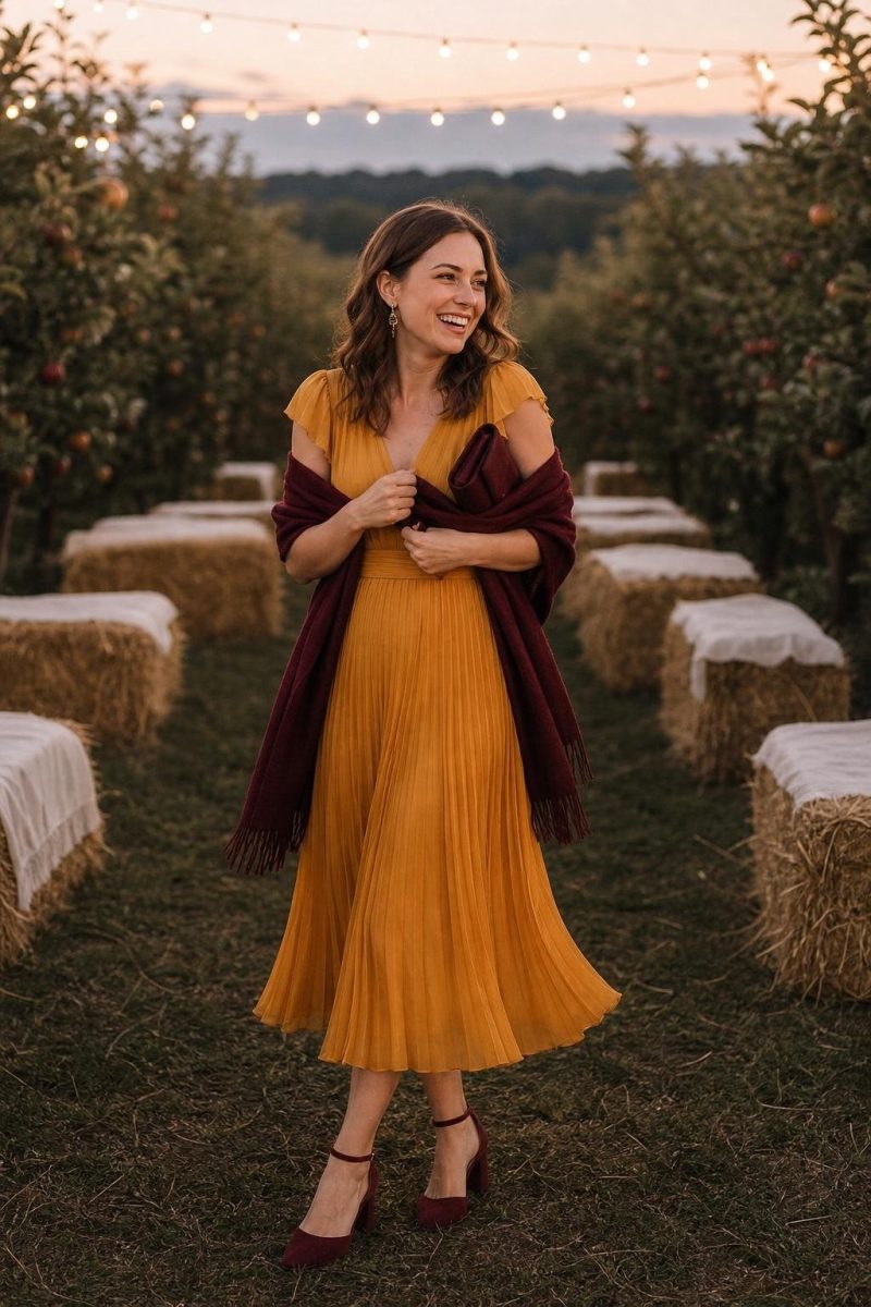 Marigold pleated midi dress, burgundy shawl, oxblood block heels, outdoor orchard wedding under string lights (option 2)
