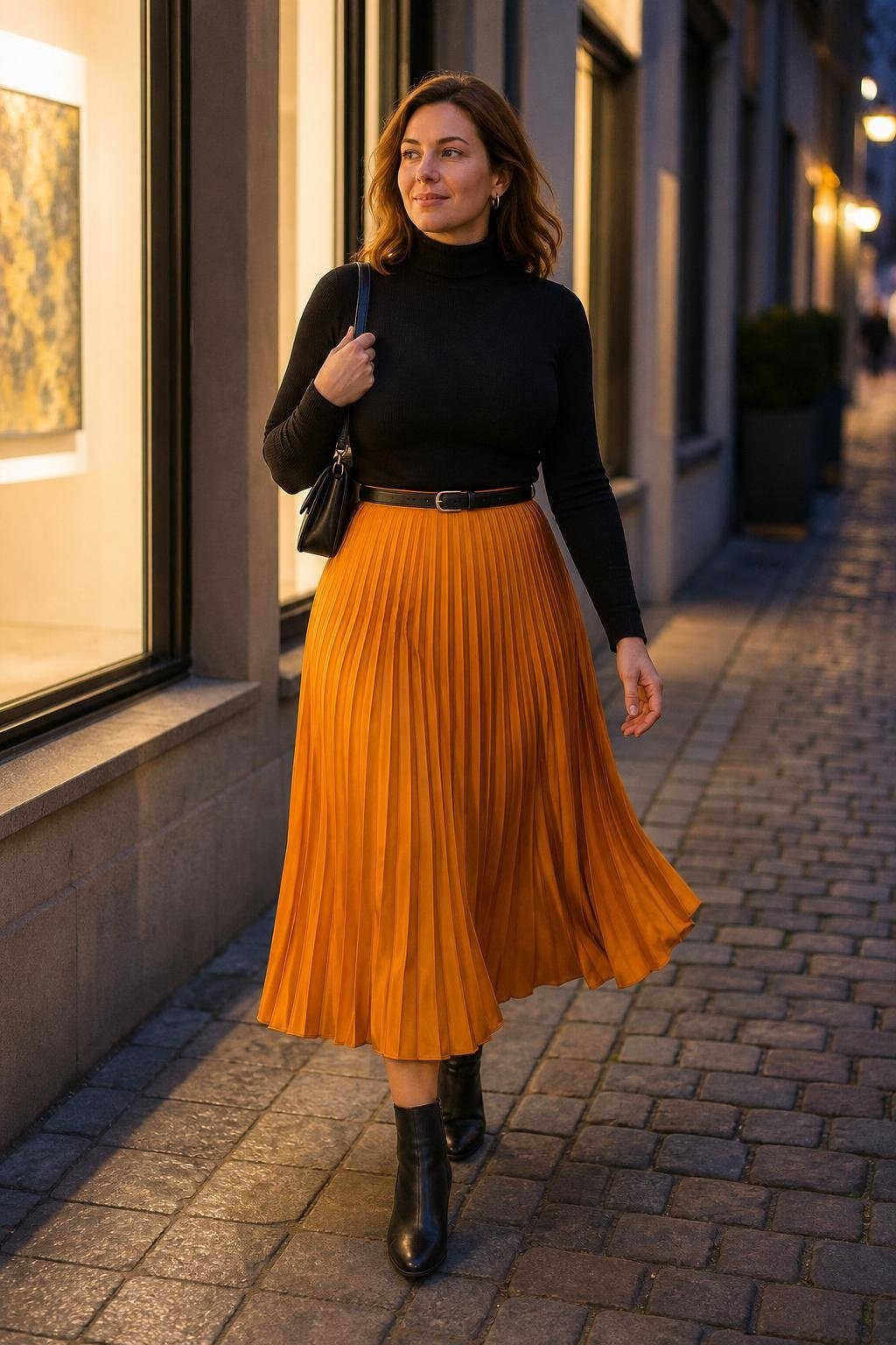 Marigold pleated midi skirt with black turtleneck and ankle boots, evening gallery stroll mood (option 1)