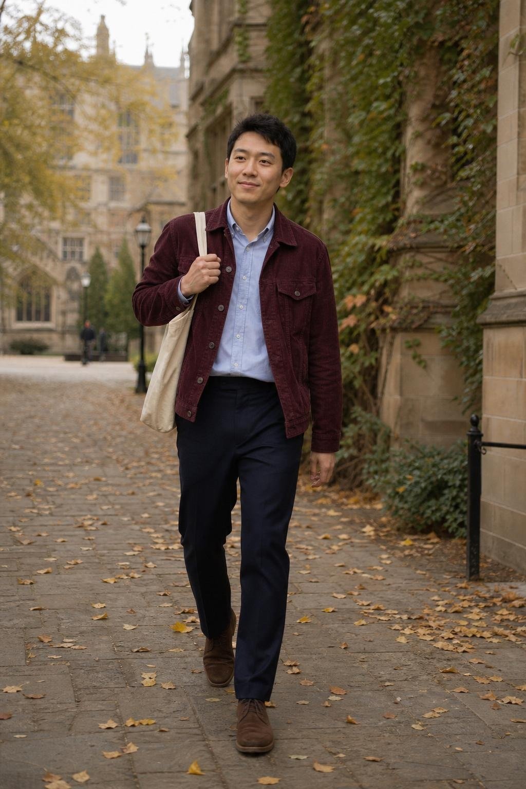 Maroon corduroy trucker jacket, pale blue Oxford shirt, navy wool trousers, brown suede desert boots, campus walkway (option 2)