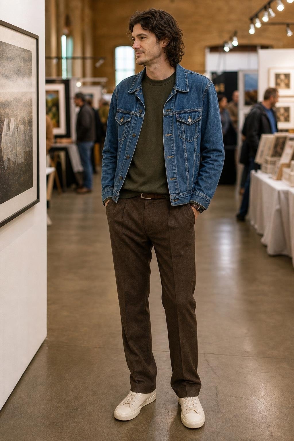 Medium blue denim jacket, moss green sweatshirt, brown wool pants, cream canvas sneakers, weekend art fair (option 1)