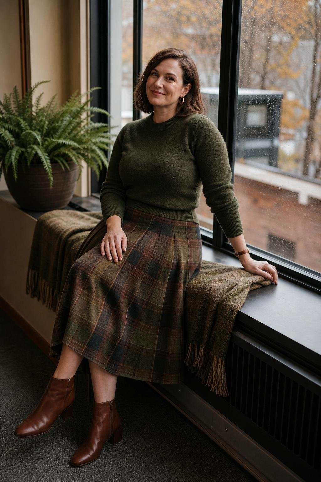 moss green crewneck sweater, muted plaid midi skirt, brown ankle boots, cozy office window scene with autumn texture (option 2)