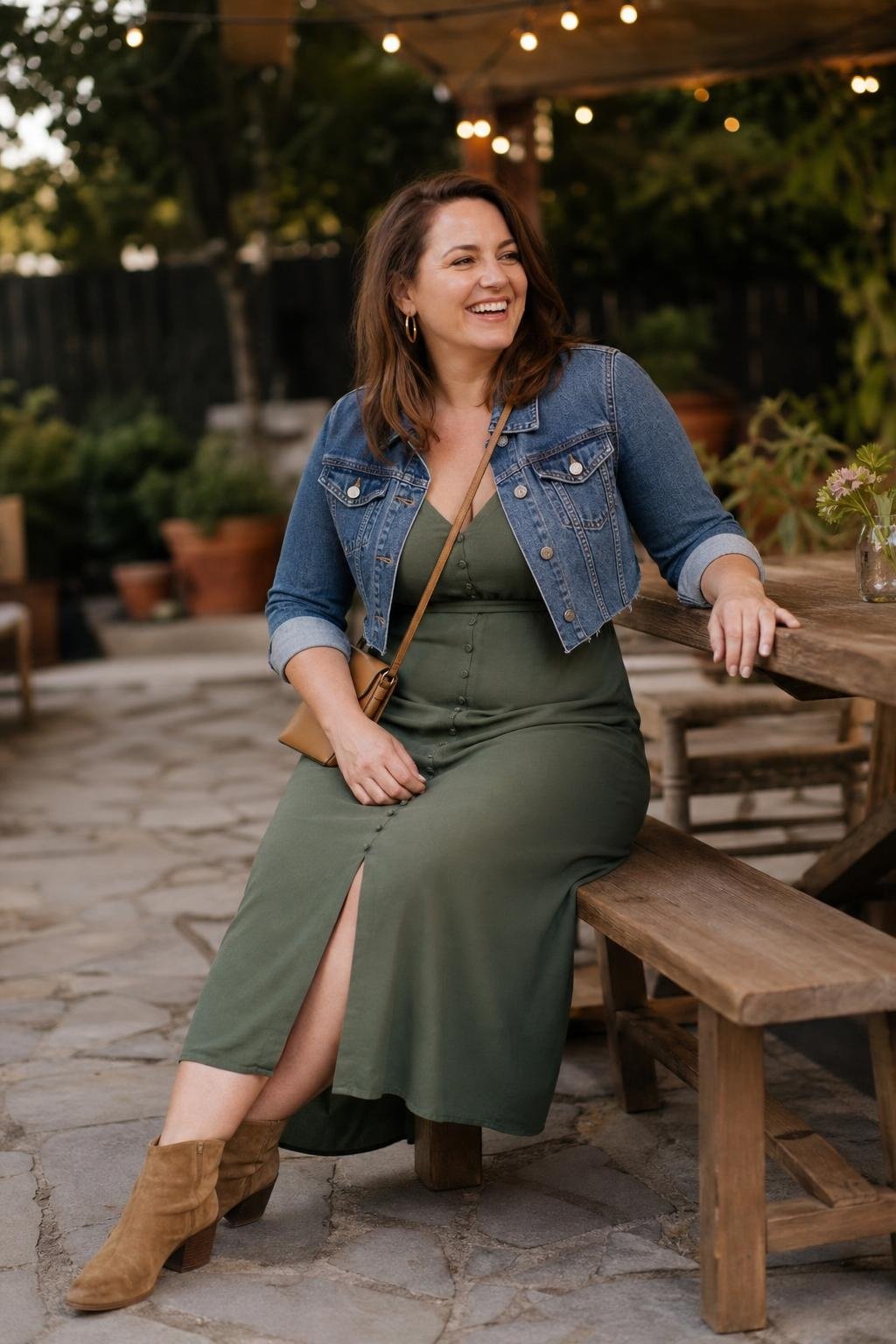 Moss green midi dress with cropped denim jacket and tan ankle boots, relaxed outdoor brunch scene (option 2)