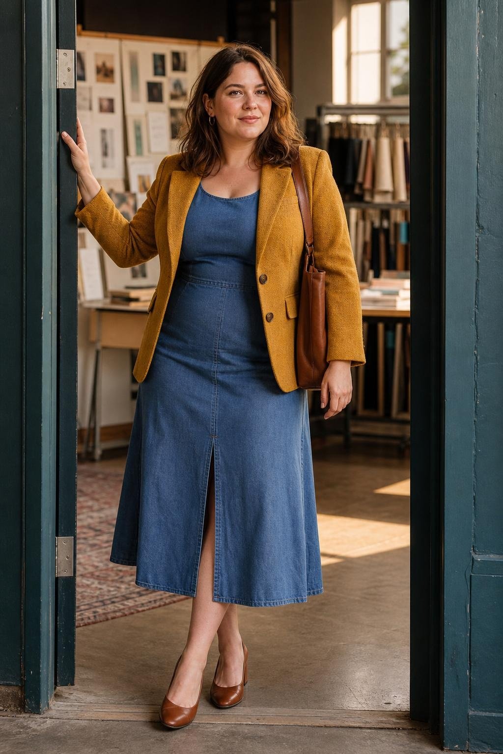 mustard blazer, denim-blue midi dress, brown block heels, creative office doorway with warm confident mood (option 1)