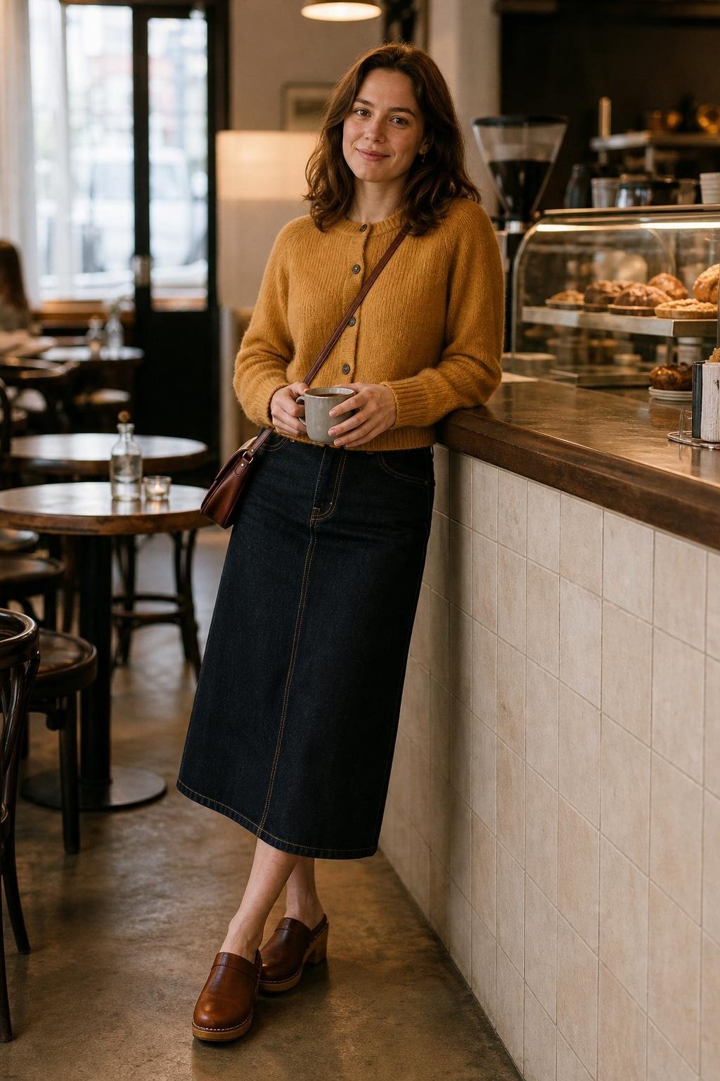 Mustard cardigan with dark denim midi skirt and brown clogs, casual Saturday coffee shop scene (option 1)