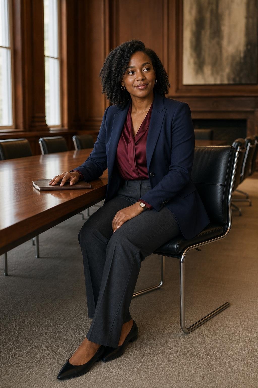 navy blazer, burgundy satin blouse, charcoal tailored trousers, pointed black flats, conference room with calm professional mood (option 1)