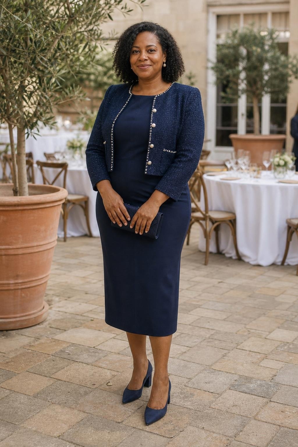 Navy column dress with cropped tweed jacket and pearl earrings, daytime celebration venue (option 2)