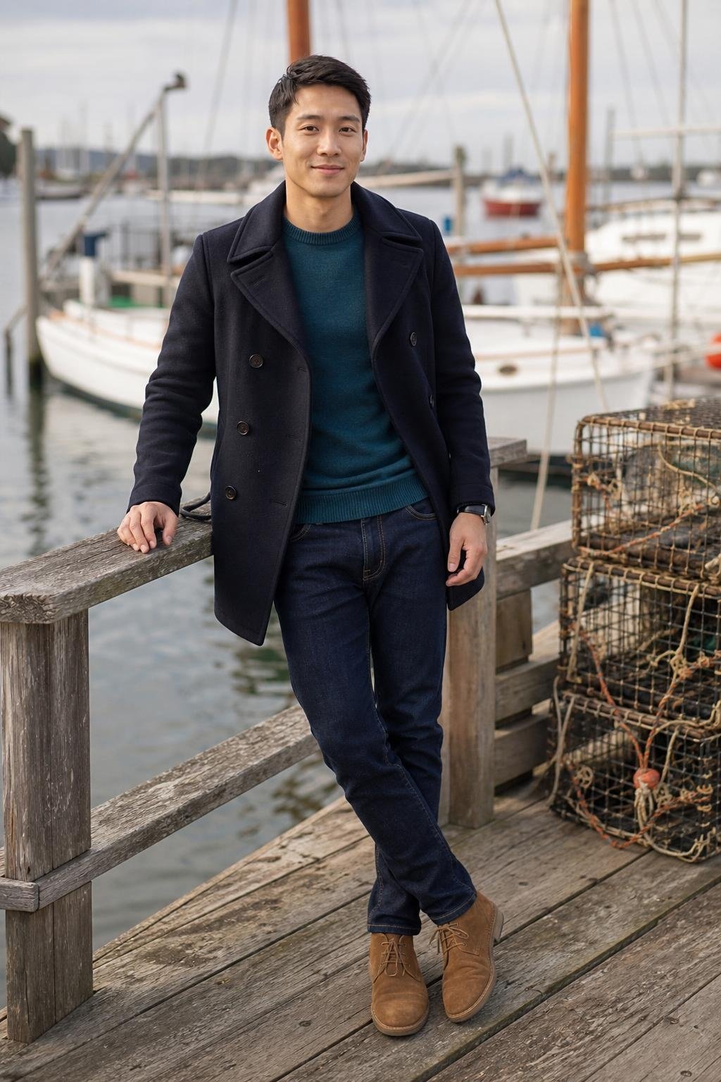 Navy peacoat, teal merino sweater, dark indigo jeans, tan suede chukka boots, crisp harbor-side weekend scene (option 2)