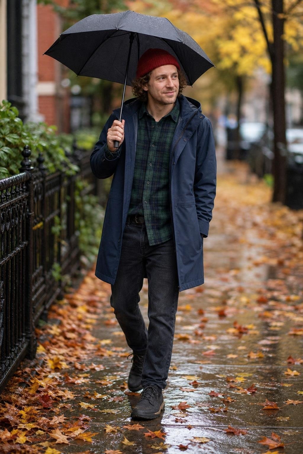 Navy raincoat, forest plaid shirt, dark gray jeans, red knit cap, rubber-soled boots, wet leaf-covered sidewalk (option 1)