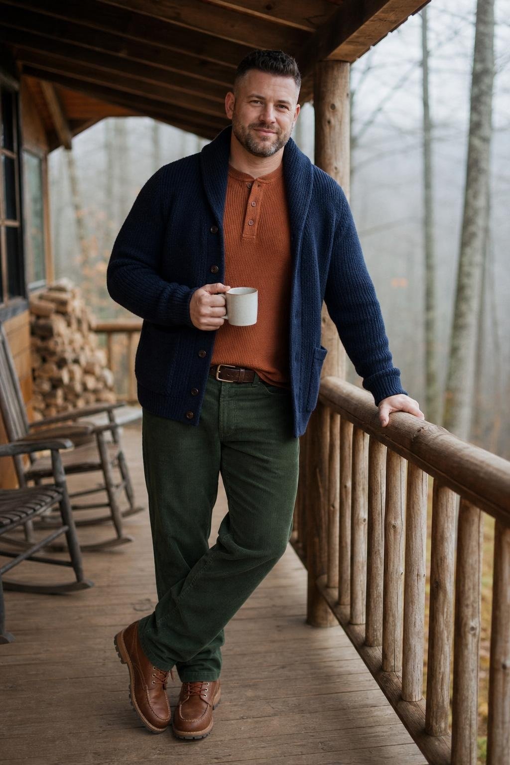 Navy shawl cardigan, burnt orange henley, forest corduroy pants, brown moc-toe boots, cabin porch morning (option 2)