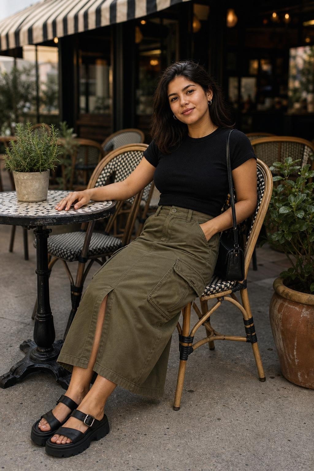 Olive cargo midi skirt, black fitted tee, chunky sandals, casual outdoor café mood (option 1)