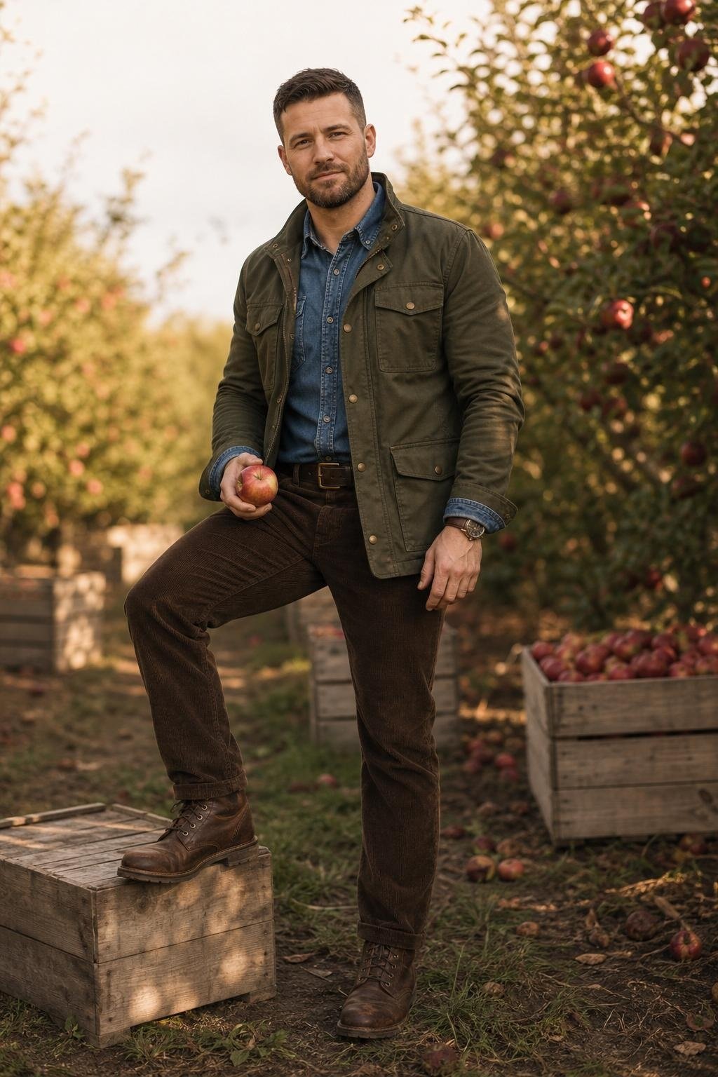 Olive field jacket, medium-wash denim shirt, chocolate corduroy pants, rugged brown boots, apple orchard afternoon (option 2)