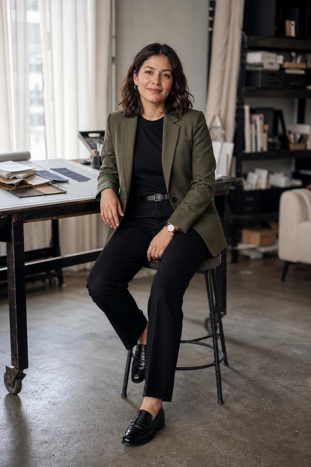 olive green blazer, black crewneck tee, black straight-leg trousers, leather loafers, casual office studio scene (option 1)