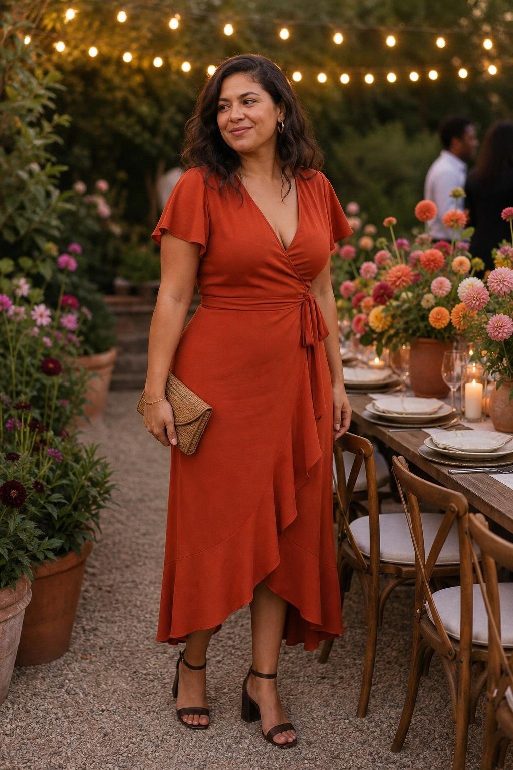 Paprika wrap midi dress, espresso block-heel sandals, woven clutch, garden dinner party (option 2)