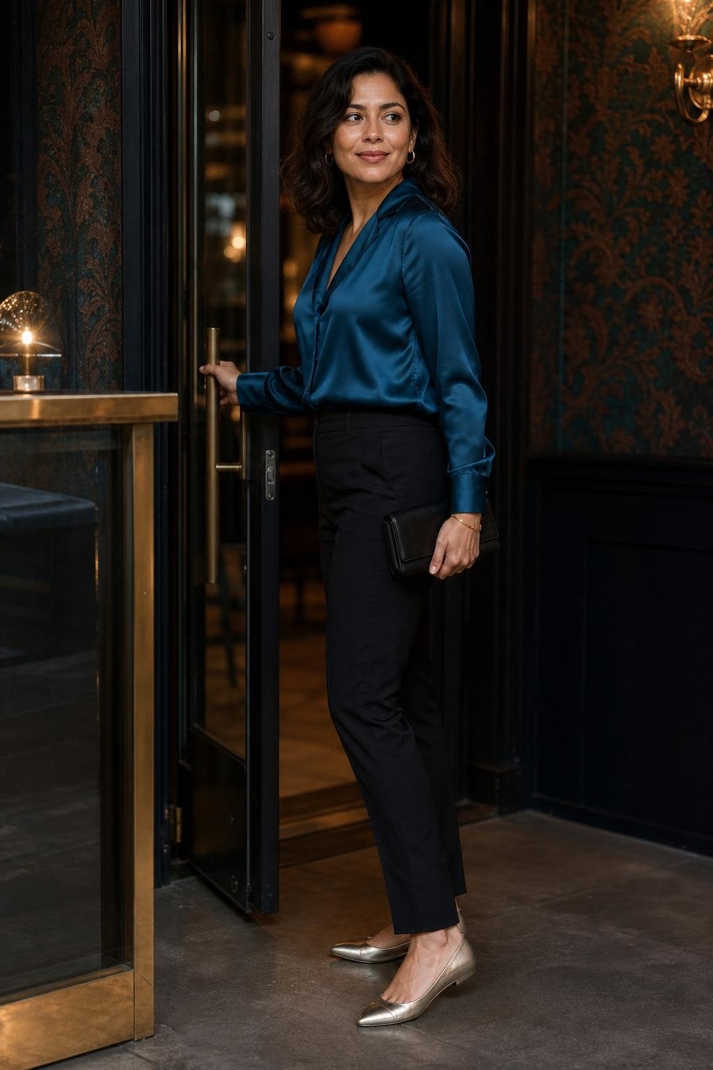 Peacock blue blouse with black cigarette pants and metallic flats, dinner reservation entrance (option 1)