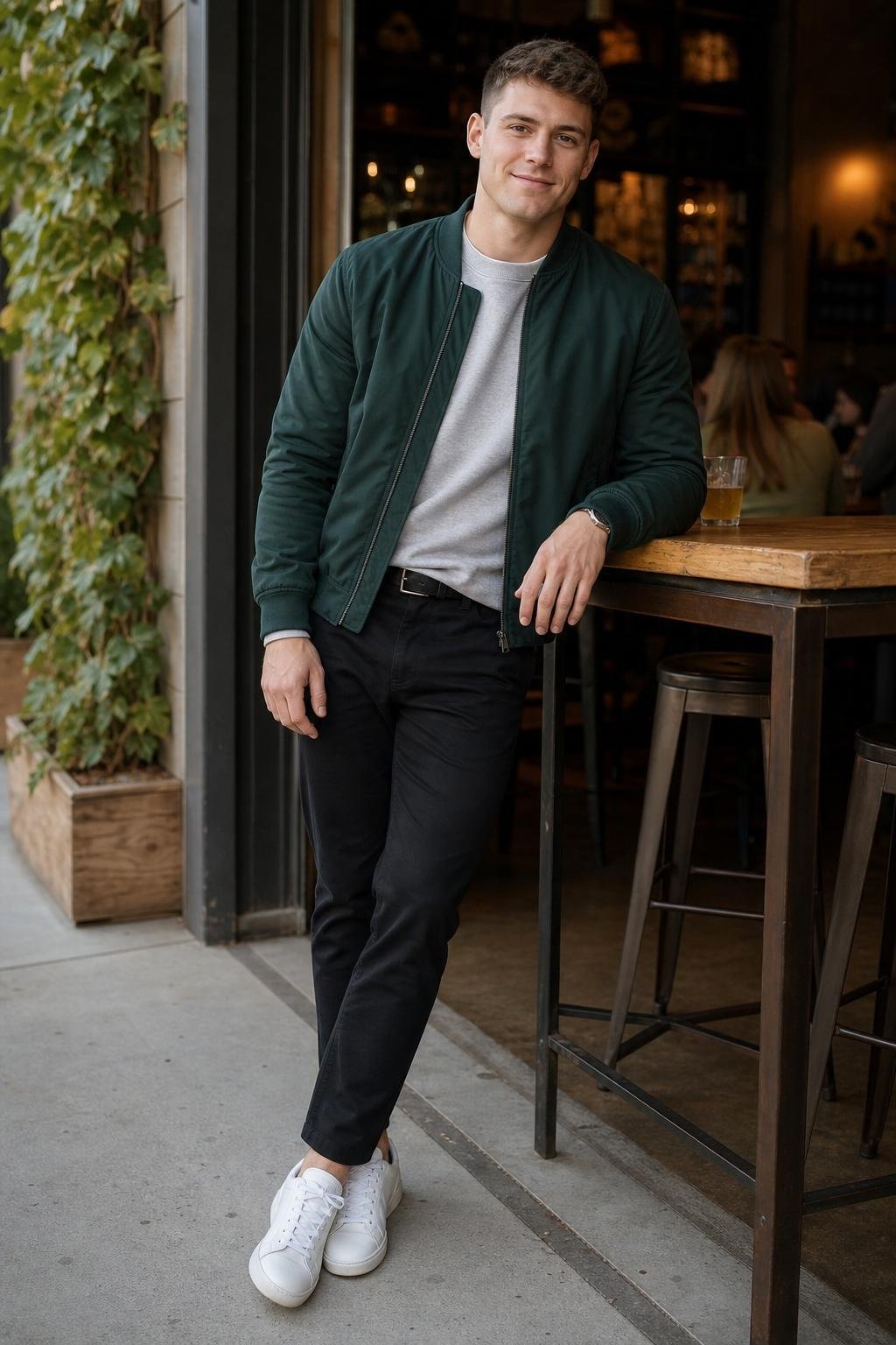 Pine green bomber jacket, light gray sweatshirt, black chinos, white leather sneakers, neighborhood brewery patio (option 2)