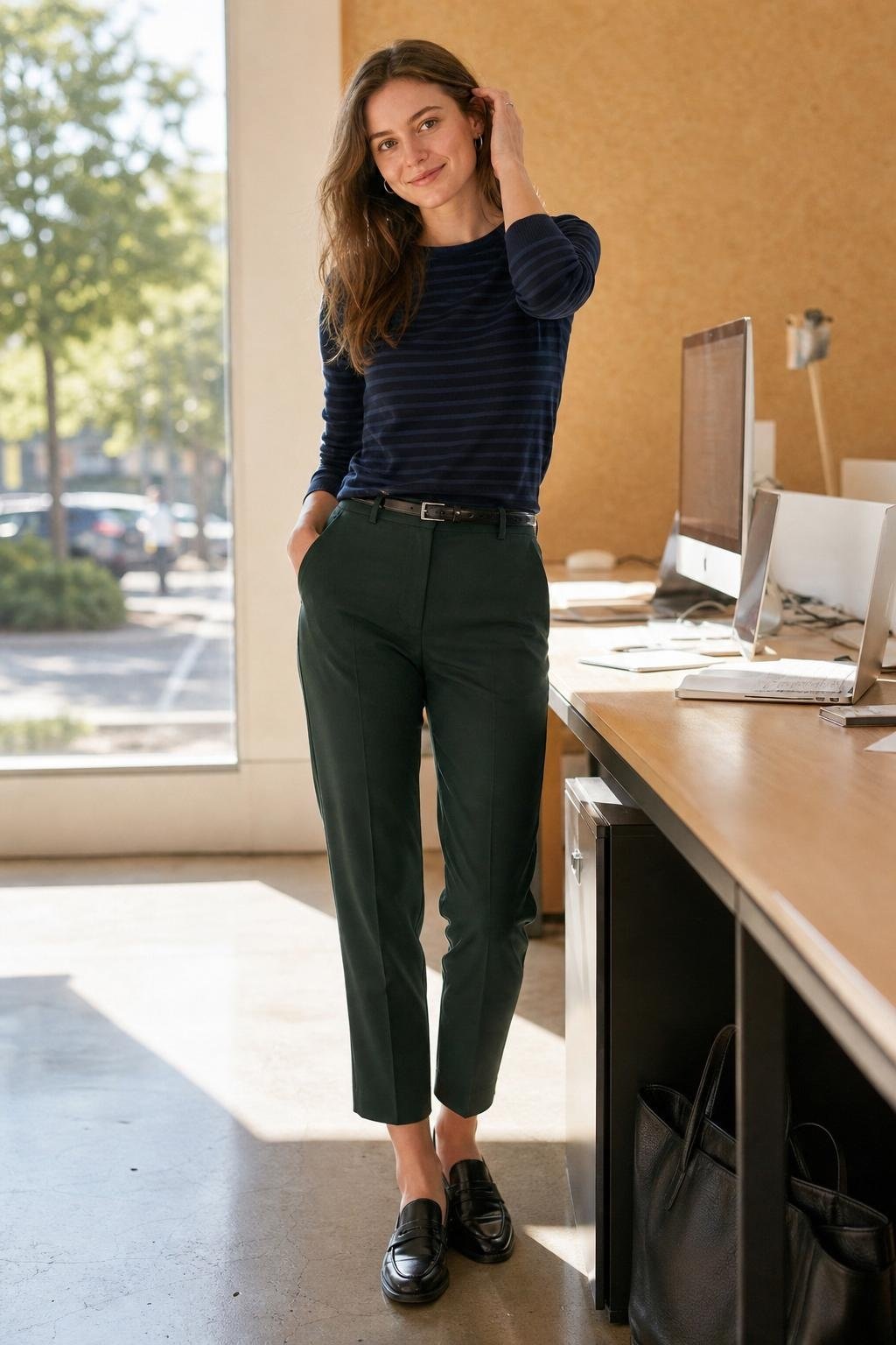 pine green cropped trousers, navy striped knit top, black loafers, bright desk area with smart casual mood (option 1)