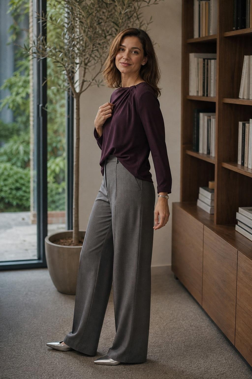 plum draped blouse, medium gray wide-leg trousers, silver flats, quiet office corner with polished weekday feel (option 2)