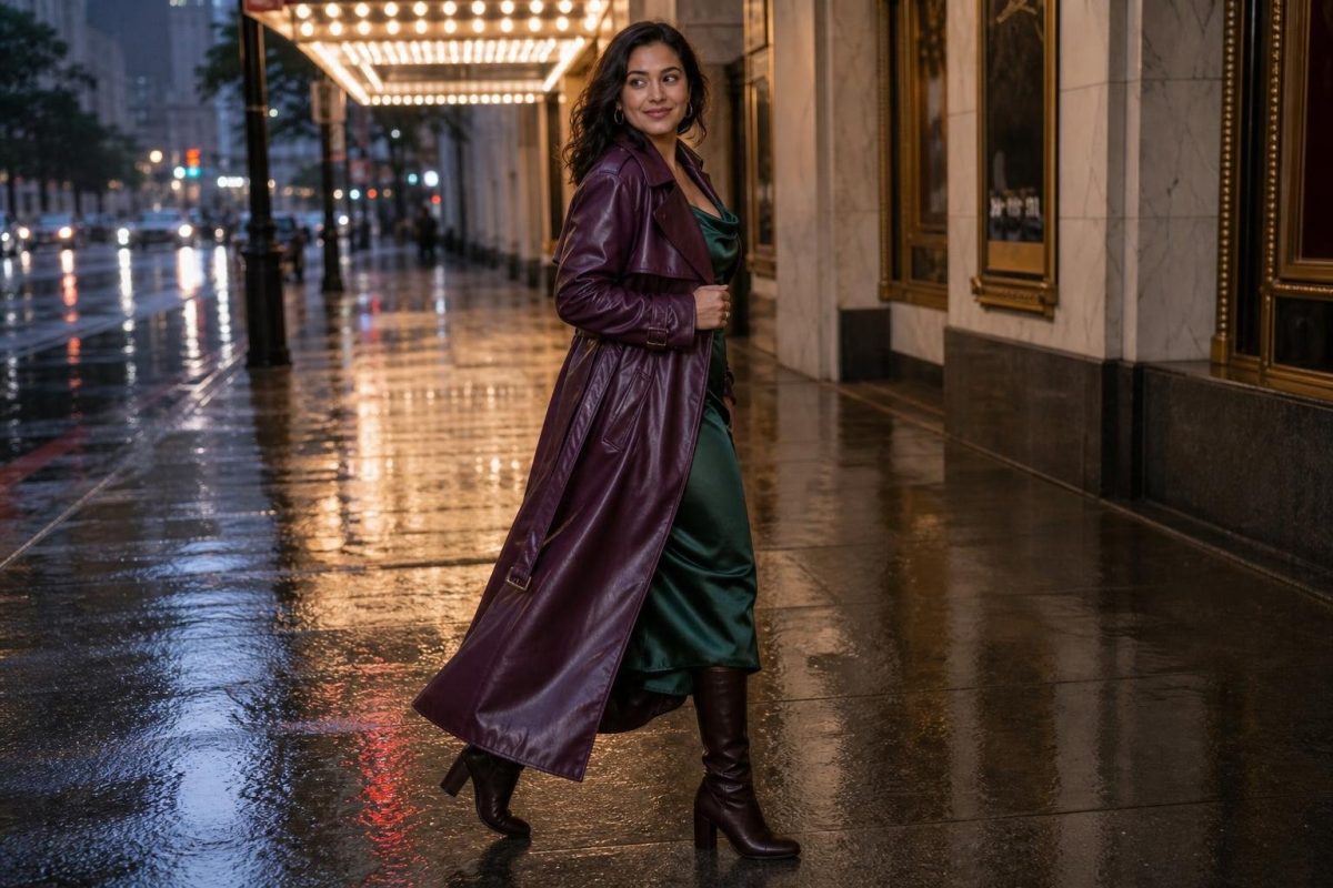 plum leather trench over forest green satin dress, espresso boots, gold hoops, rainy downtown sidewalk mood (option 1)