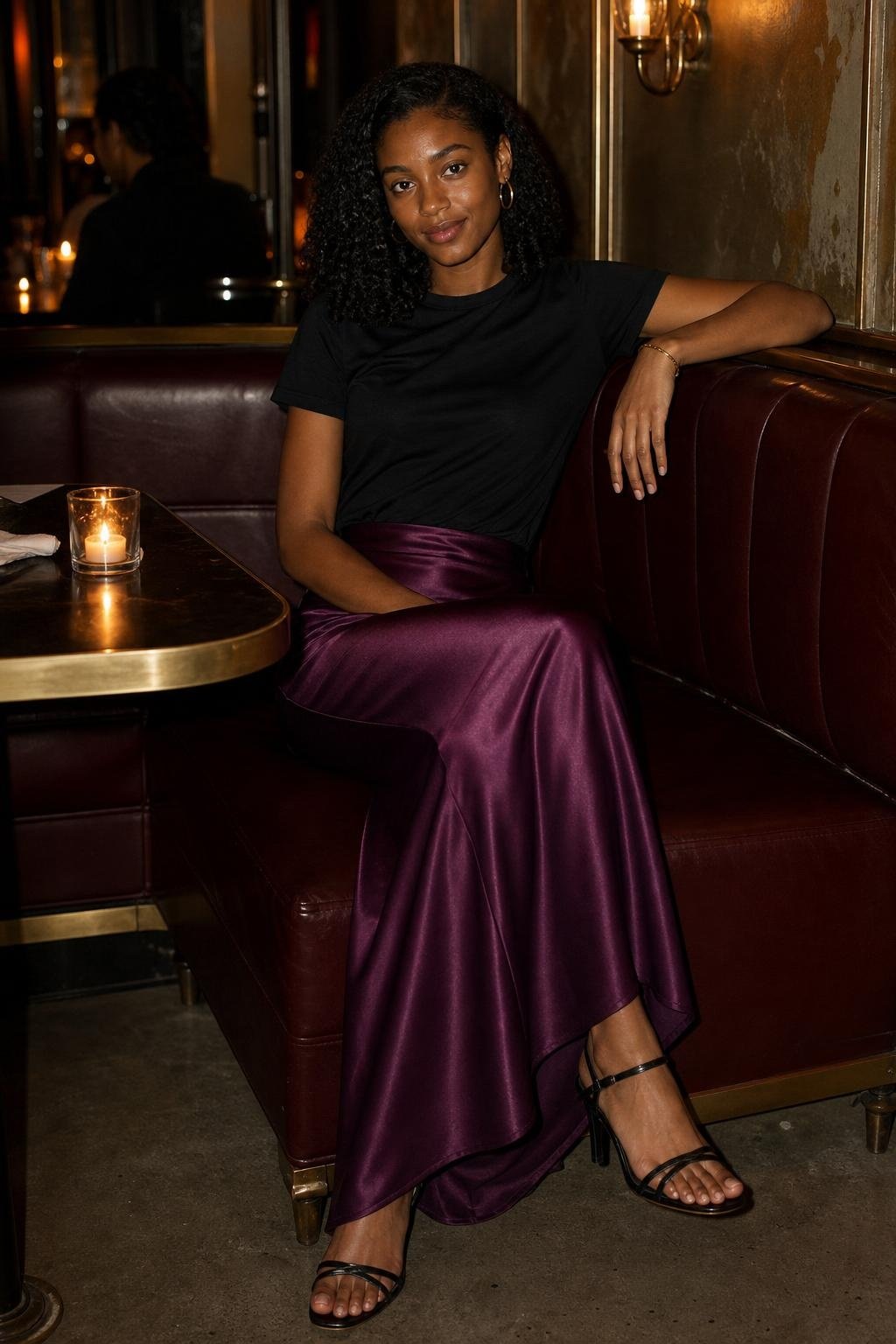 Plum satin slip skirt, black crewneck tee, strappy black sandals, candlelit restaurant booth (option 1)