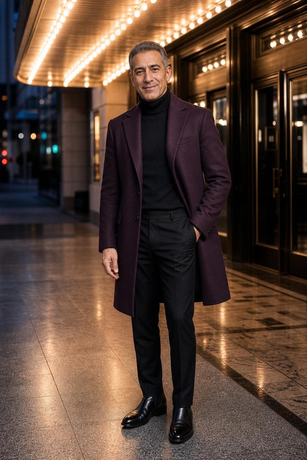 Plum wool overcoat, black turtleneck, black trousers, polished black Chelsea boots, evening theater entrance (option 1)
