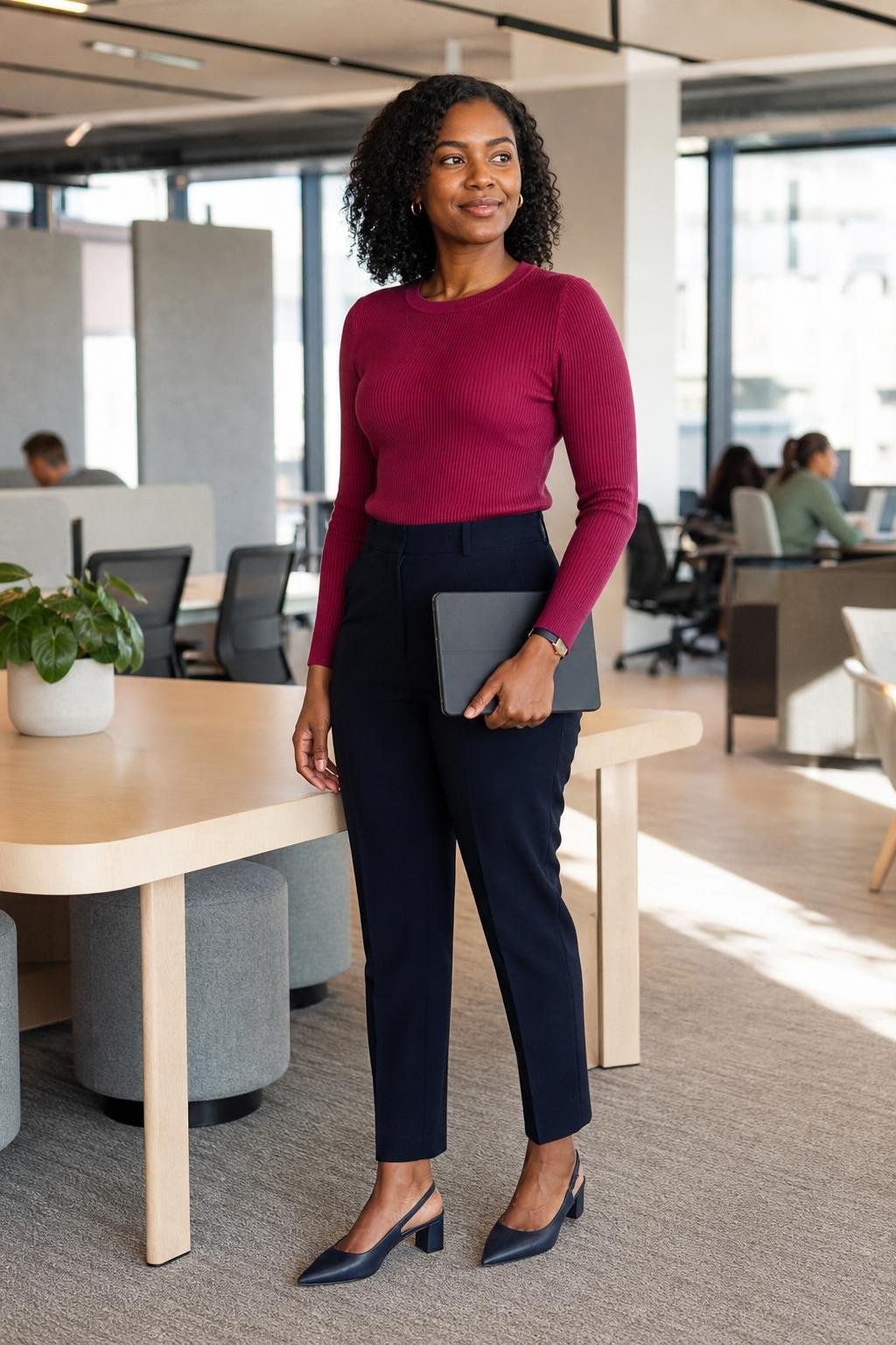 raspberry knit top, navy tapered trousers, navy slingbacks, open-plan office with bright weekday energy (option 2)
