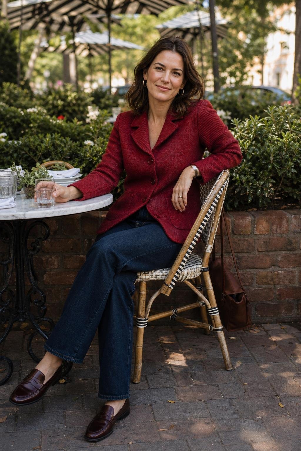Ruby knit blazer with dark straight jeans and oxblood loafers, neighborhood lunch patio with confident casual polish (option 2)