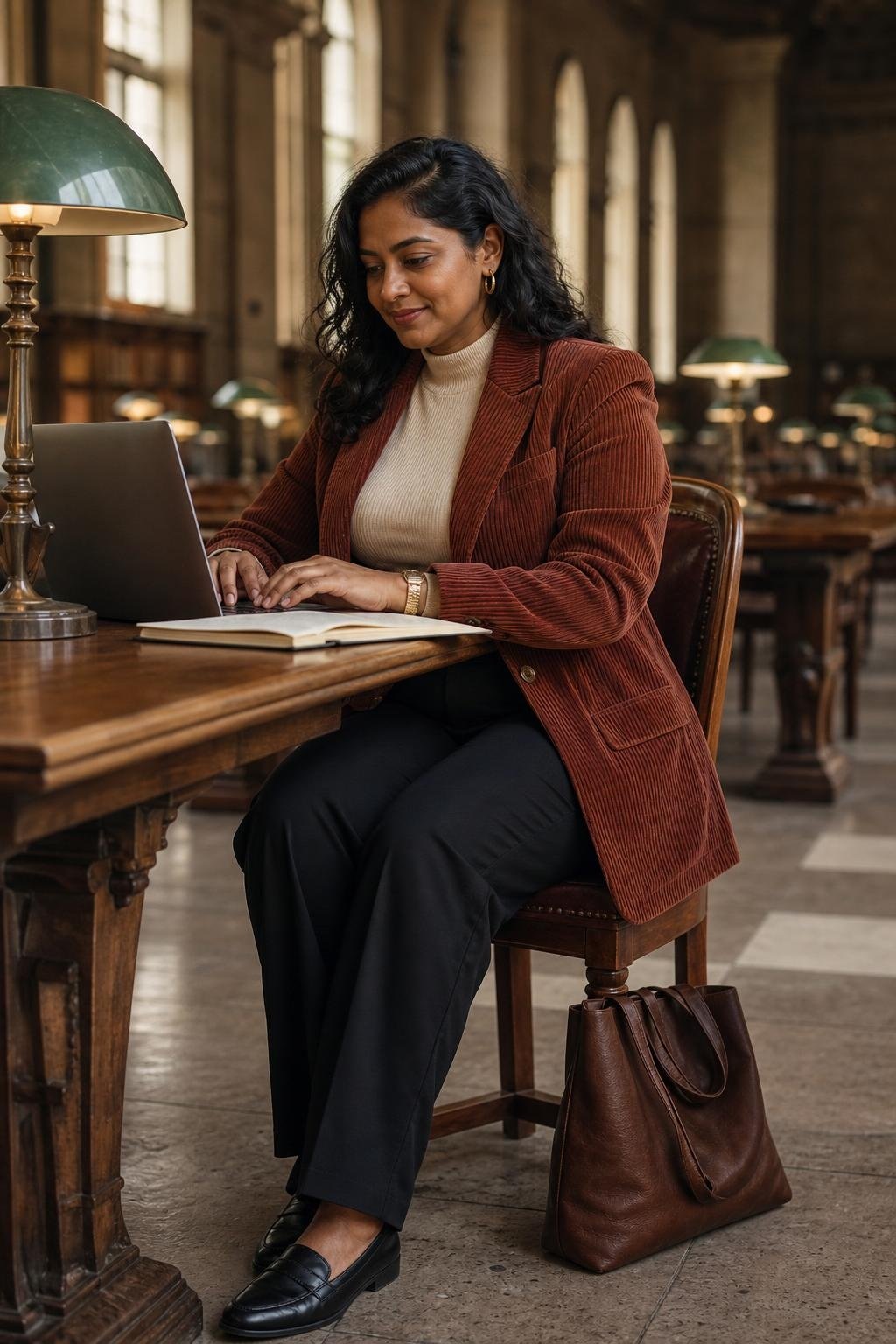 Rust corduroy blazer with black trousers and cream mock neck, cozy library work session (option 2)