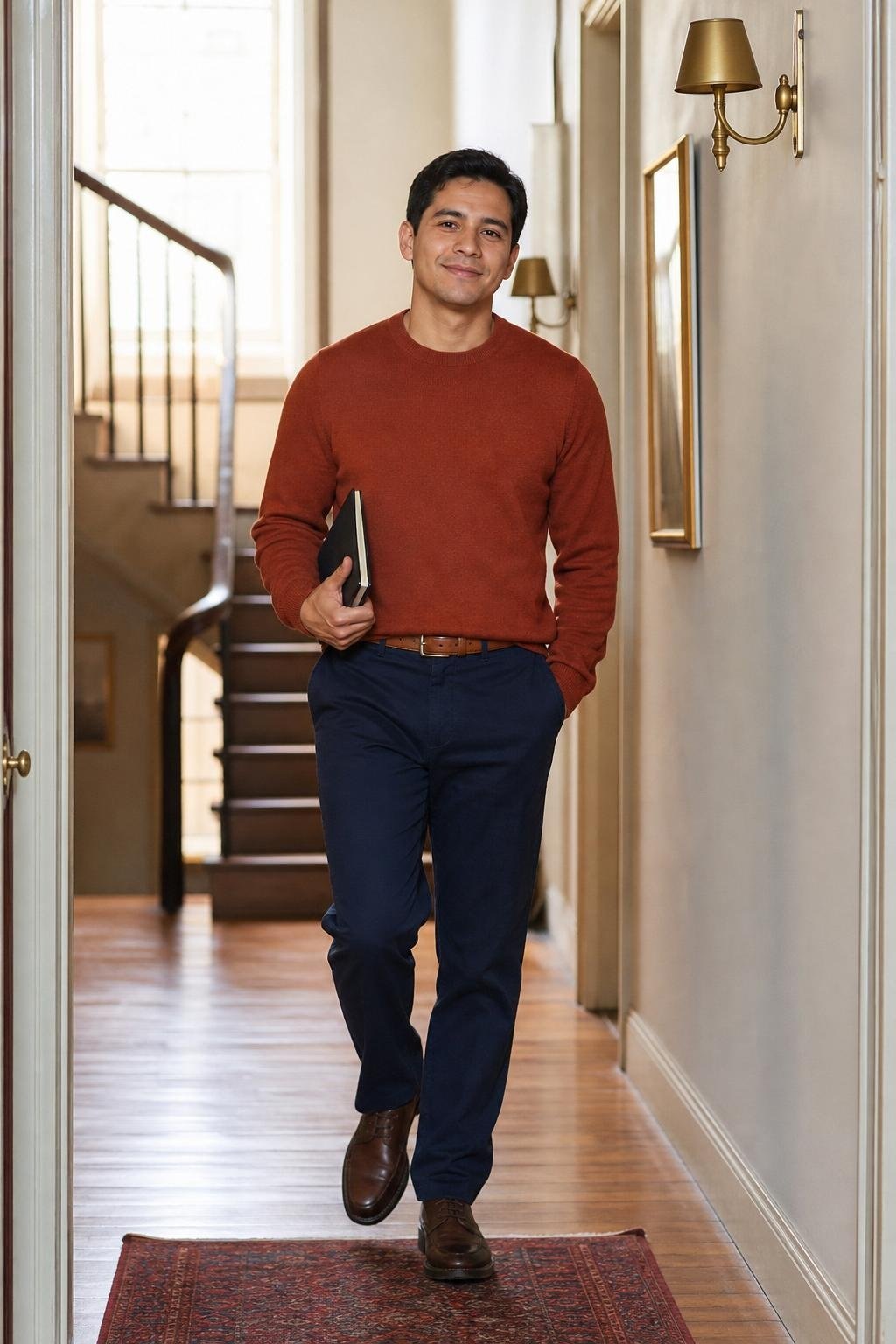 Rust crewneck sweater, navy chinos, cognac leather belt, brown derby shoes, relaxed office hallway (option 1)