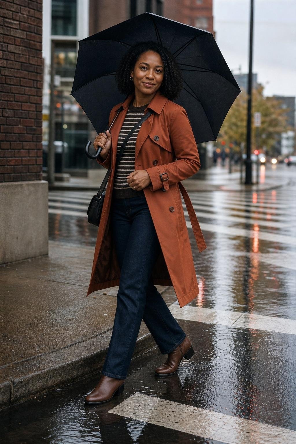 Rust trench coat, dark straight-leg jeans, striped knit, brown ankle boots, rainy street corner (option 2)