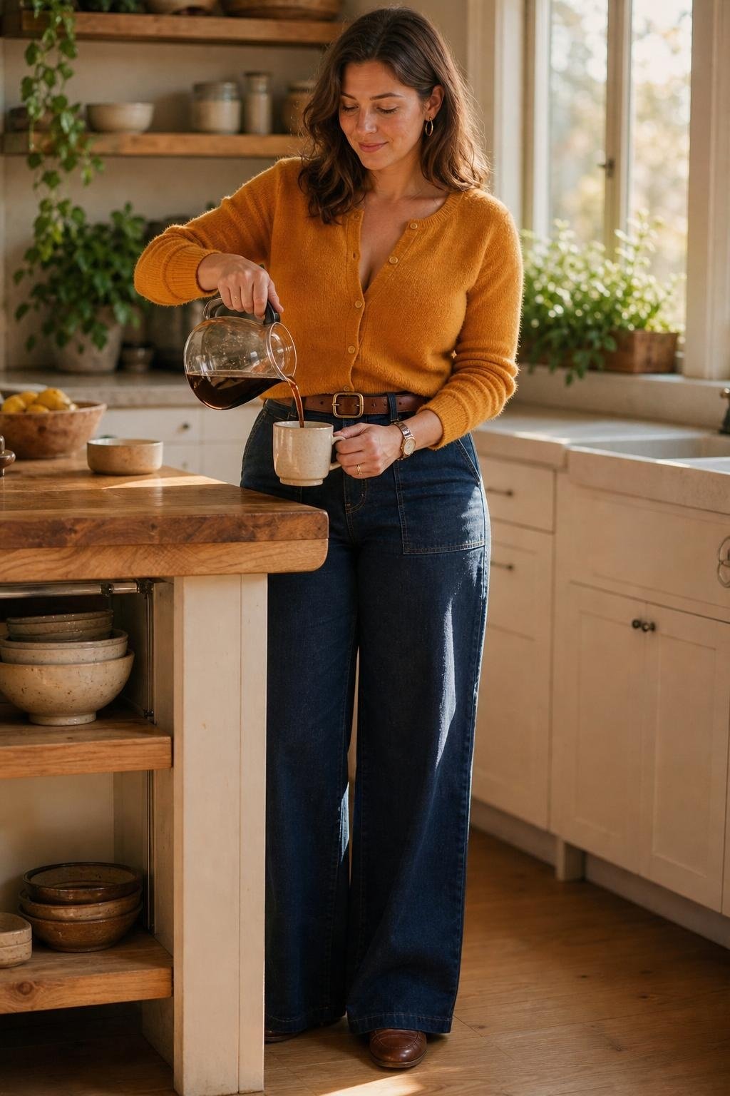 Saffron cardigan, indigo wide-leg jeans, brown belt, sunny kitchen coffee moment (option 1)