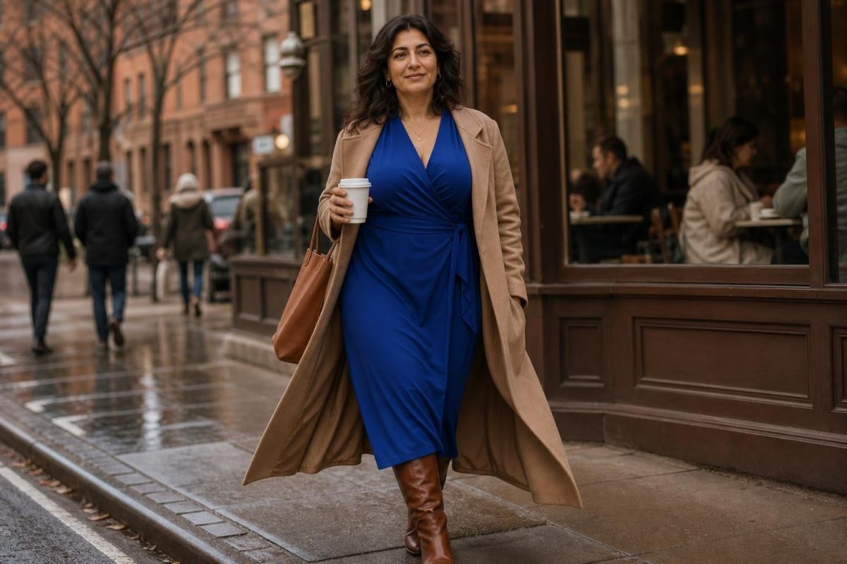 Sapphire wrap midi dress with cognac boots and wool coat, city sidewalk coffee run with polished weekday mood (option 1)
