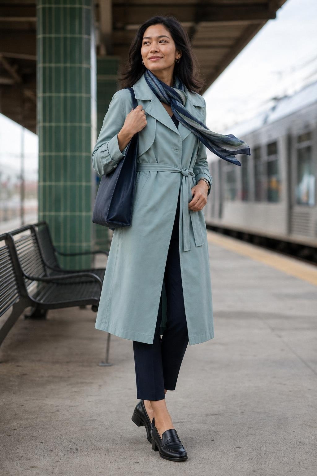 Seafoam trench coat, navy cropped trousers, striped scarf, polished commuter platform (option 2)