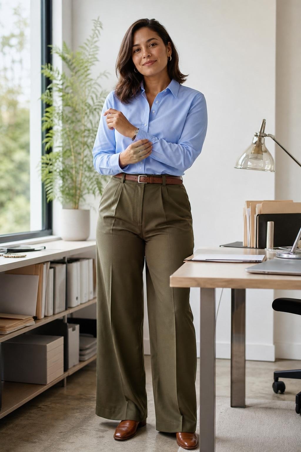 sky blue poplin shirt, olive wide-leg pants, brown loafers, bright office desk scene with crisp relaxed mood (option 2)