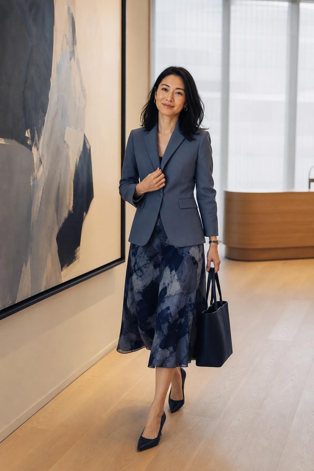 slate blue blazer, abstract printed midi skirt, navy pumps, airy office with art and soft daylight (option 2)