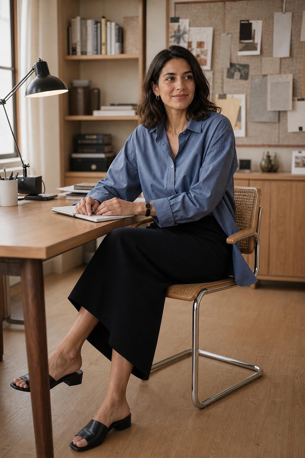 Slate blue oversized shirt, black column skirt, leather mules, calm office desk scene (option 2)