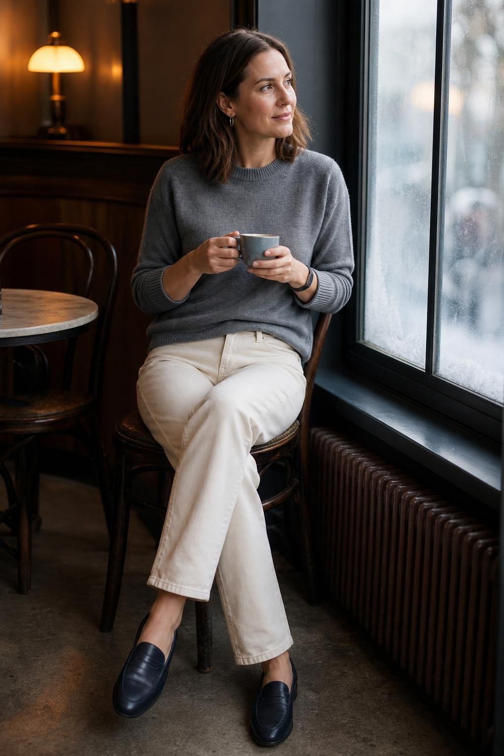 Slate gray cashmere sweater with ivory straight jeans and navy loafers, quiet winter cafe setting (option 1)