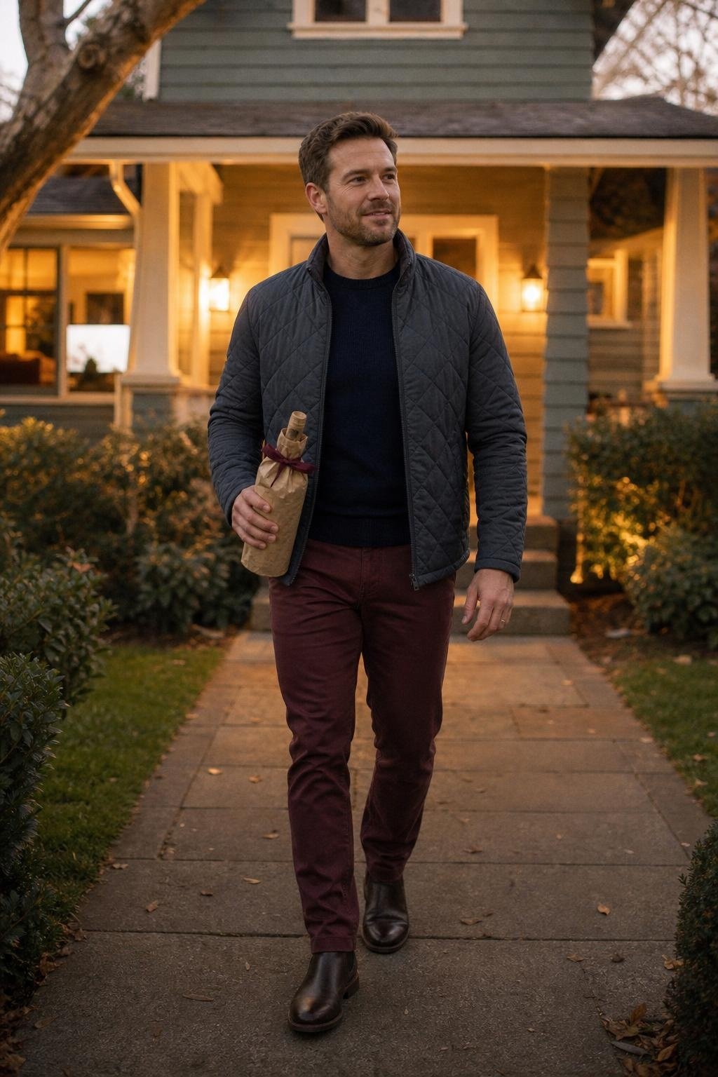 Slate quilted jacket, navy merino crewneck, burgundy chinos, dark brown Chelsea boots, suburban dinner party arrival (option 2)