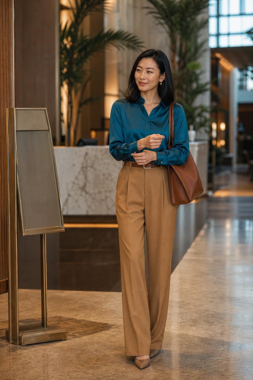 Teal satin blouse, camel pleated trousers, suede pumps, polished conference lobby (option 2)