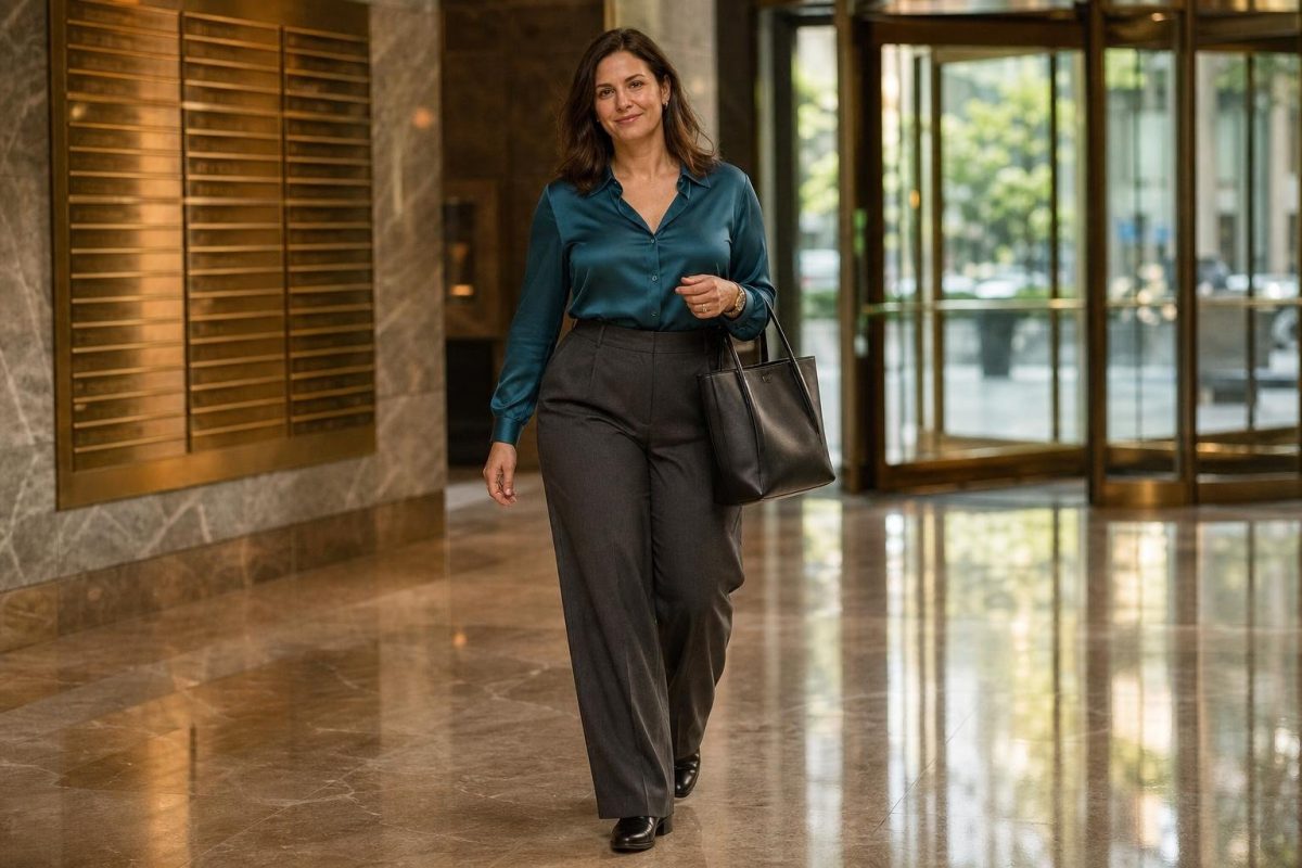 teal silk blouse, charcoal wide-leg trousers, black loafers, structured tote, polished office lobby morning scene (option 1)