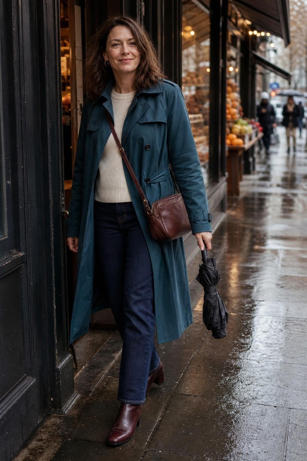 Teal trench coat over cream knit and dark denim with burgundy ankle boots, rainy city errand scene (option 2)