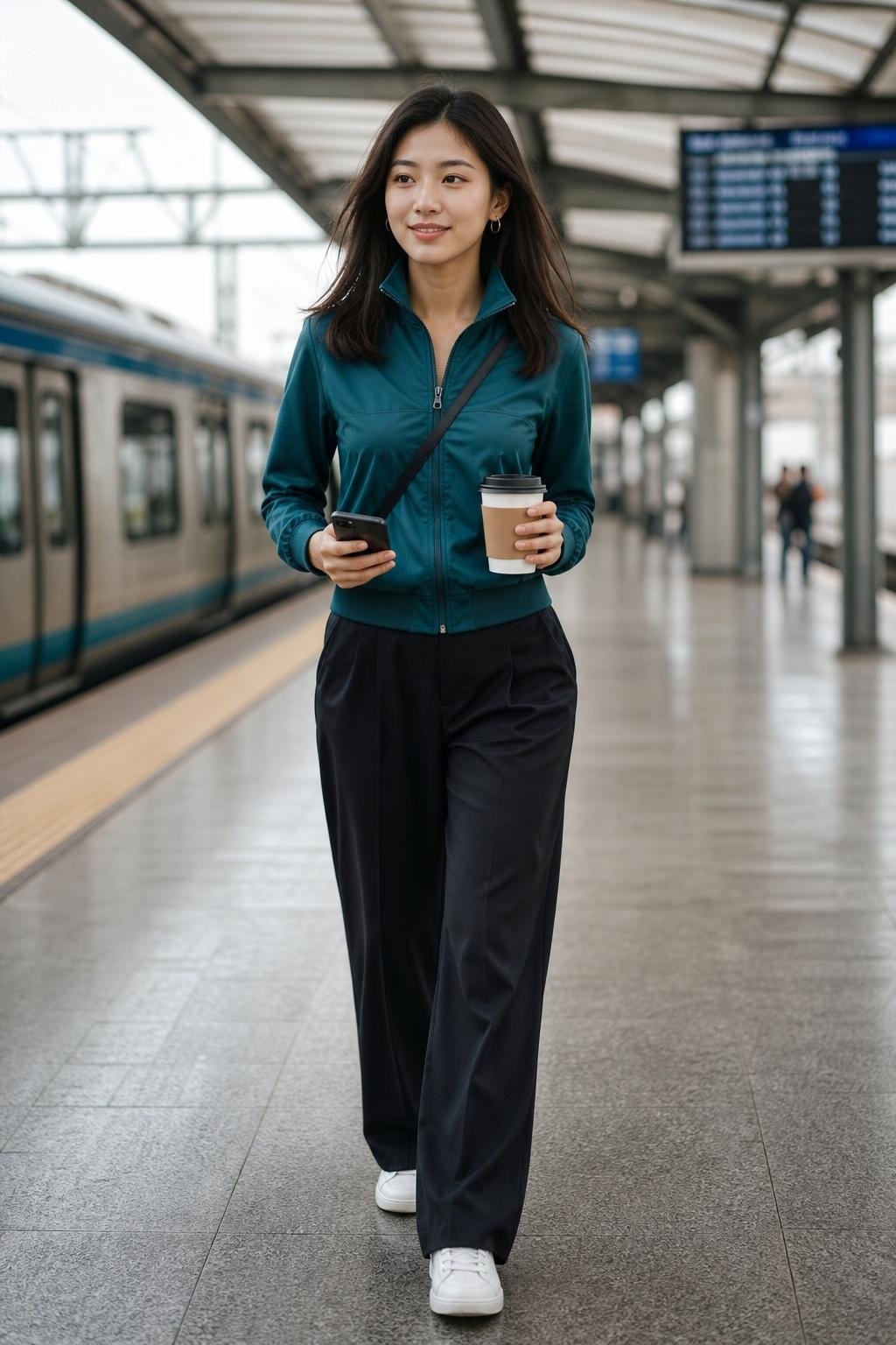 teal zip track jacket, black wide-leg trousers, white leather sneakers, train station commute mood (option 2)