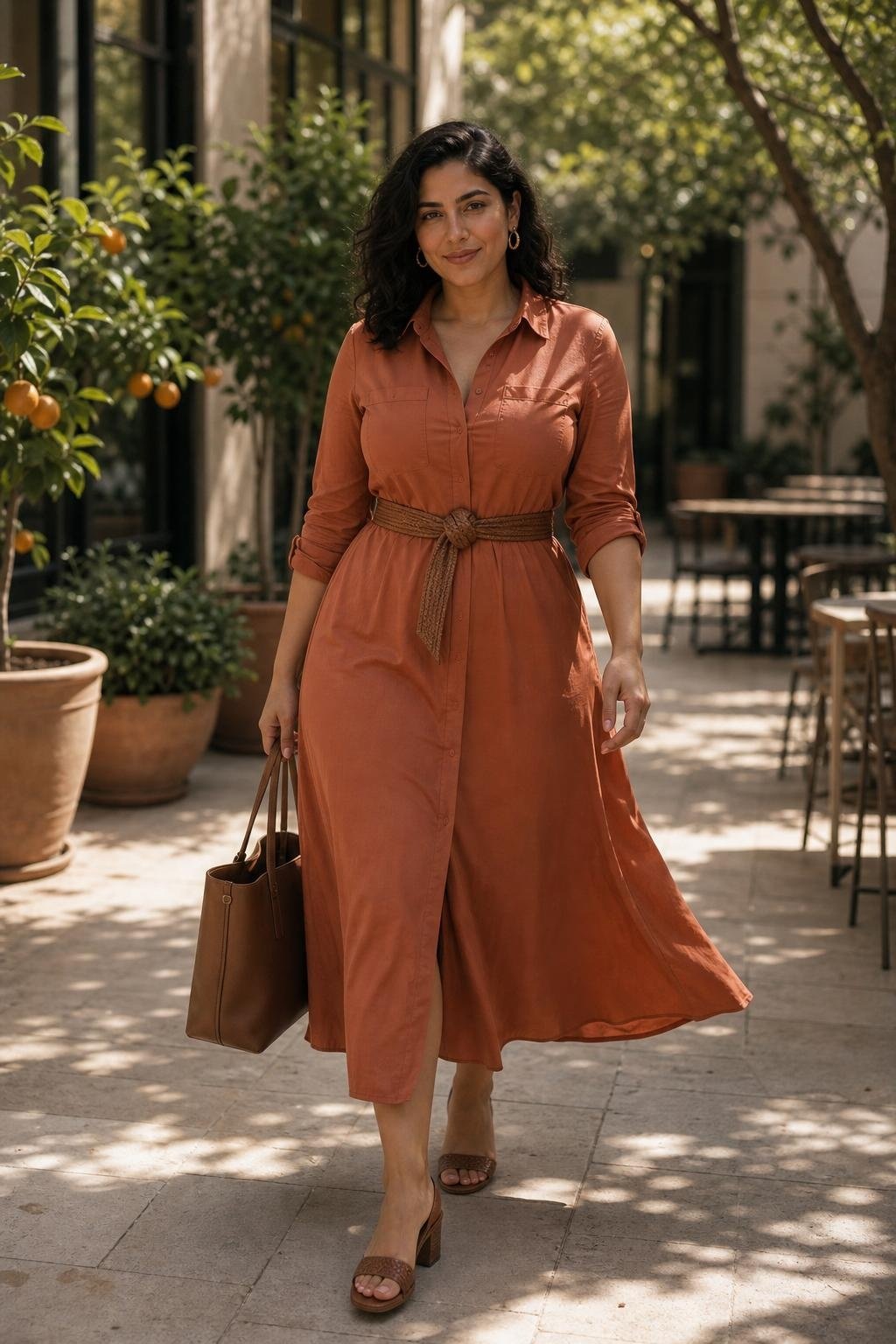 terracotta shirtdress, woven brown belt, block-heel sandals, sunlit office courtyard with relaxed professional mood (option 2)